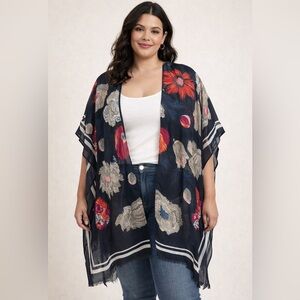 Floral kimono blue red, white gray women heart one size
